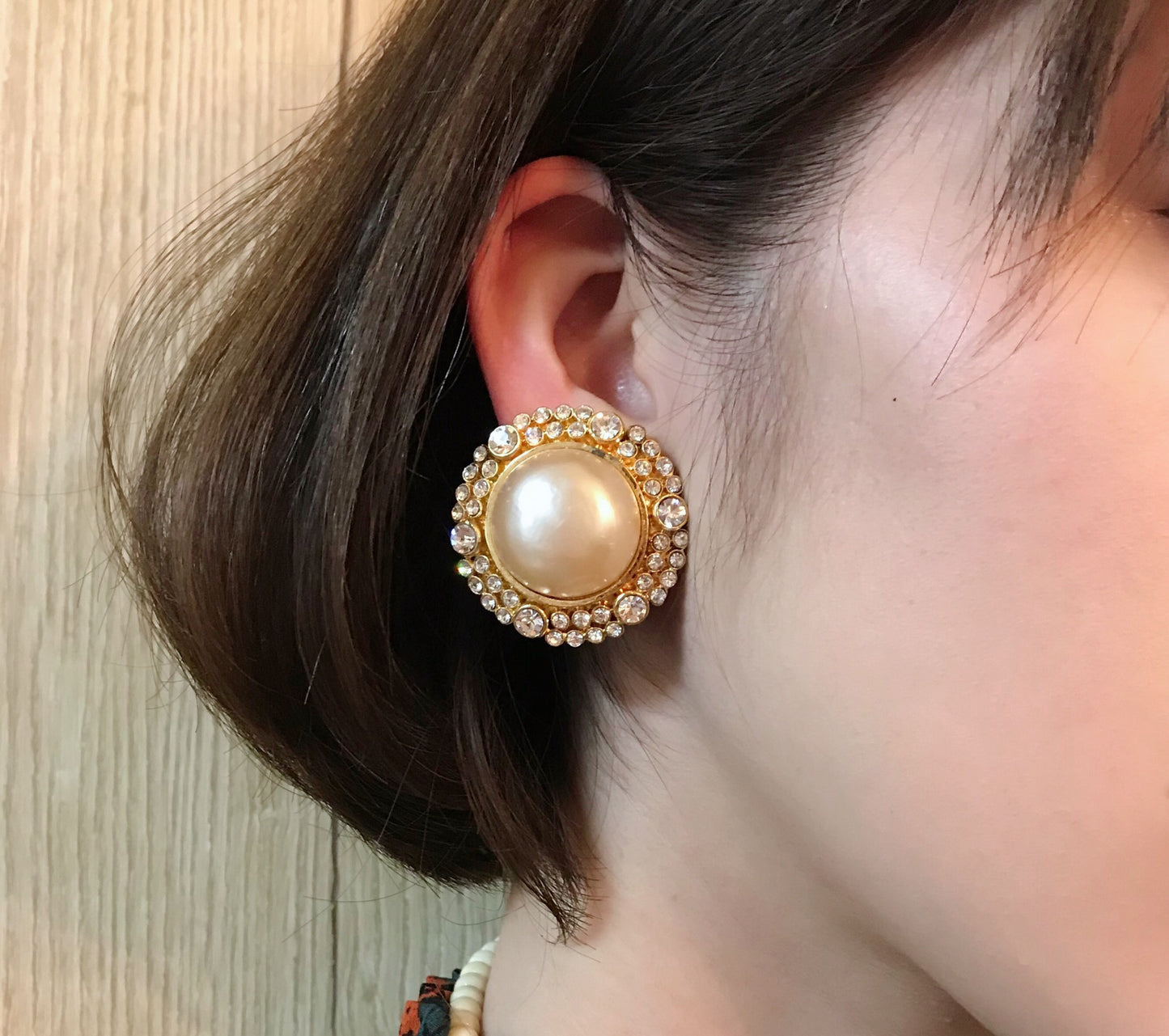 OLD CHANEL パール×ジルコニア 大ぶりイヤリング(箱付き)
