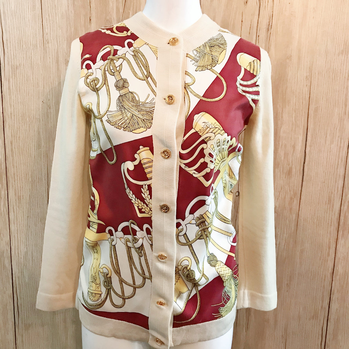HERMES シルク スカーフ柄 カーディガン(赤×白)