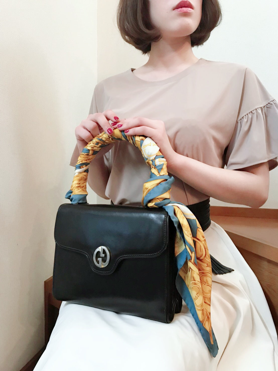 OLD Gucci ビットチェーン柄 大判シルクスカーフ（青系 ）