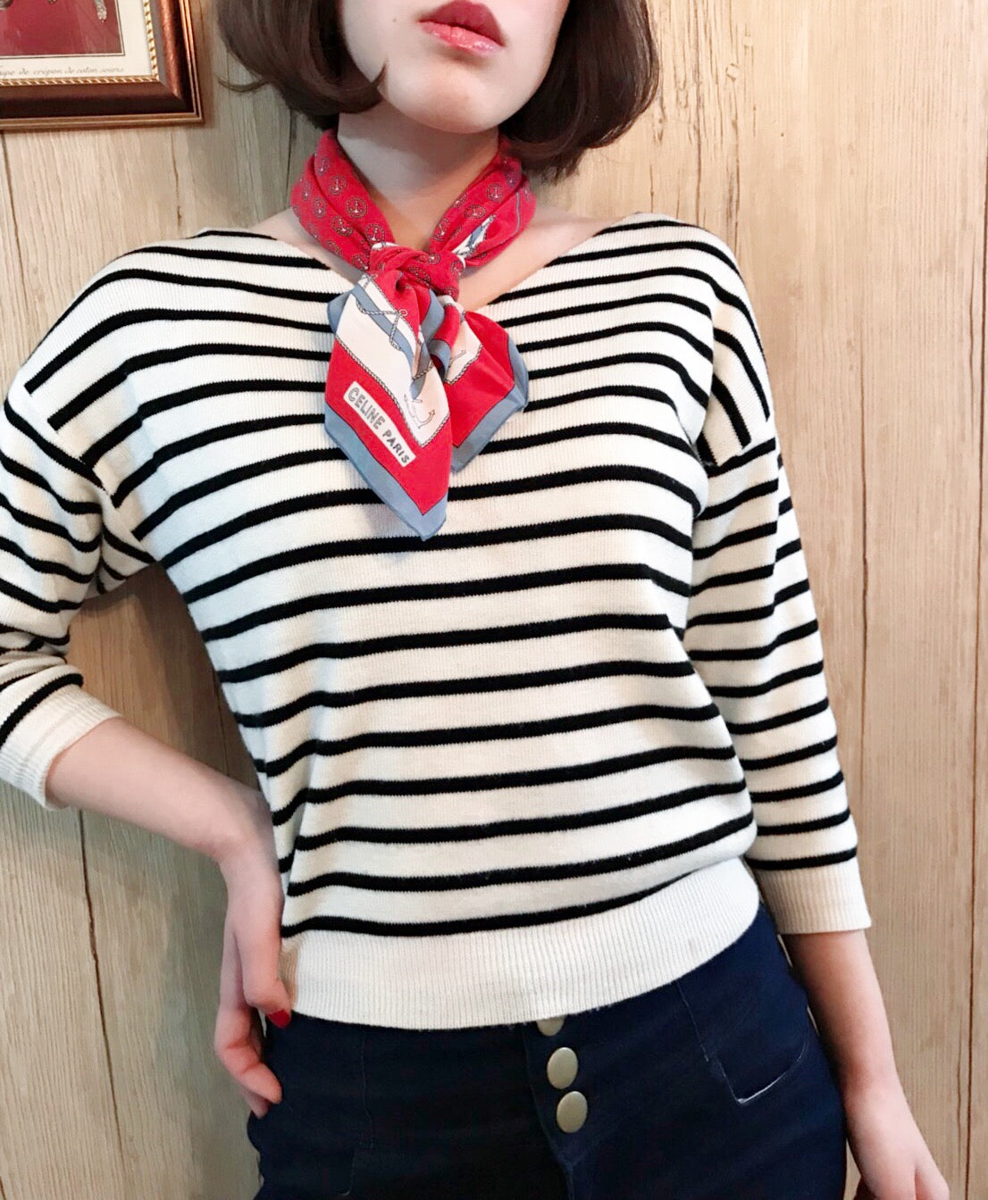 OLD CELINE　マリン柄 中判シルクスカーフ（赤）