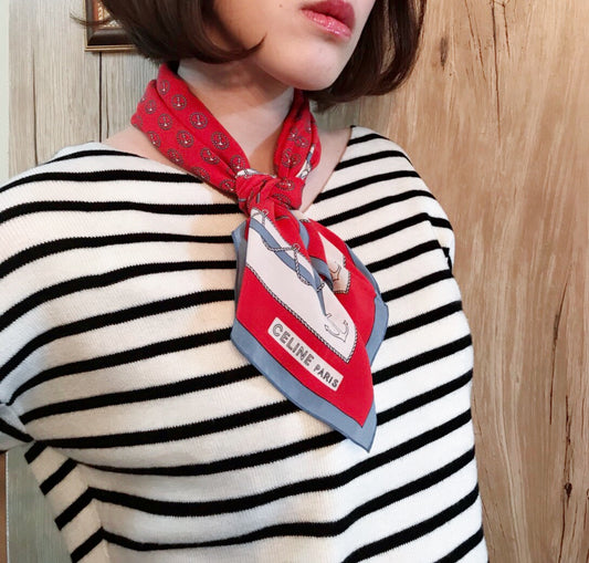 OLD CELINE　マリン柄 中判シルクスカーフ（赤）