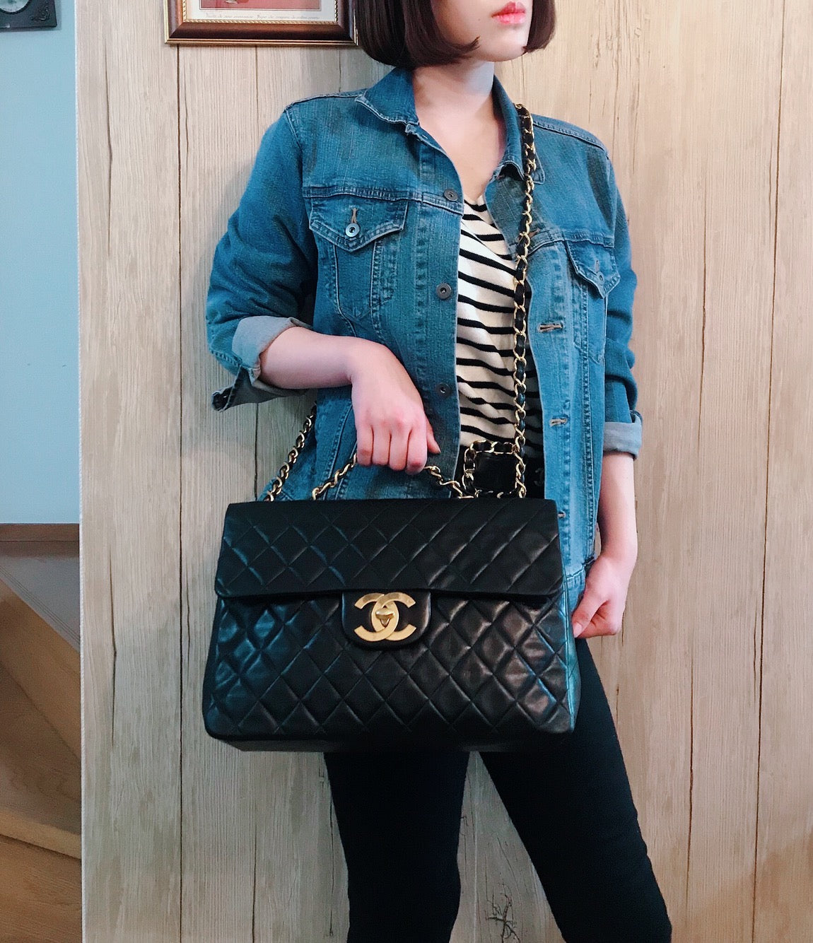 OLD CHANEL ラージ マトラッセチェーンショルダー（34サイズ/黒）