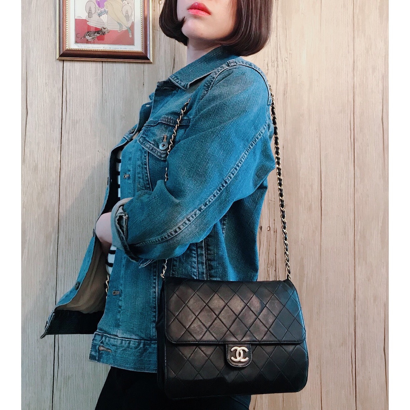 OLD CHANEL マトラッセチェーンショルダー（黒/ラムスキン）