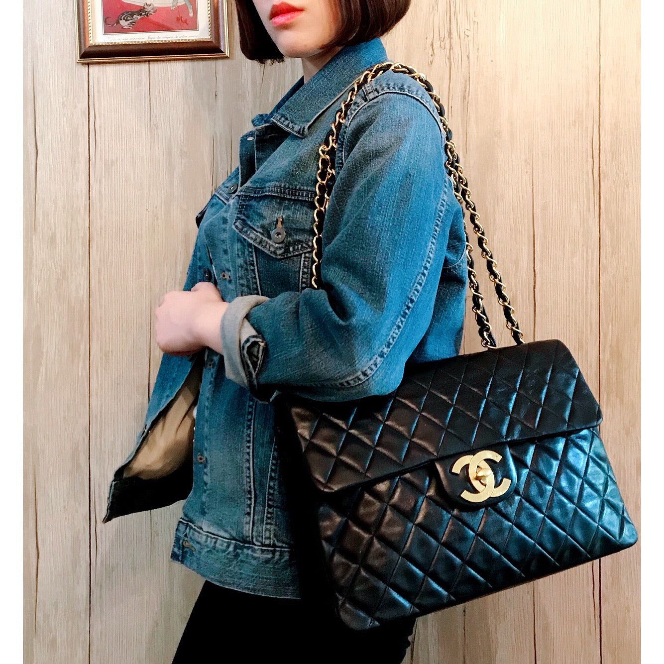 OLD CHANEL ラージ マトラッセチェーンショルダー（34サイズ/黒）