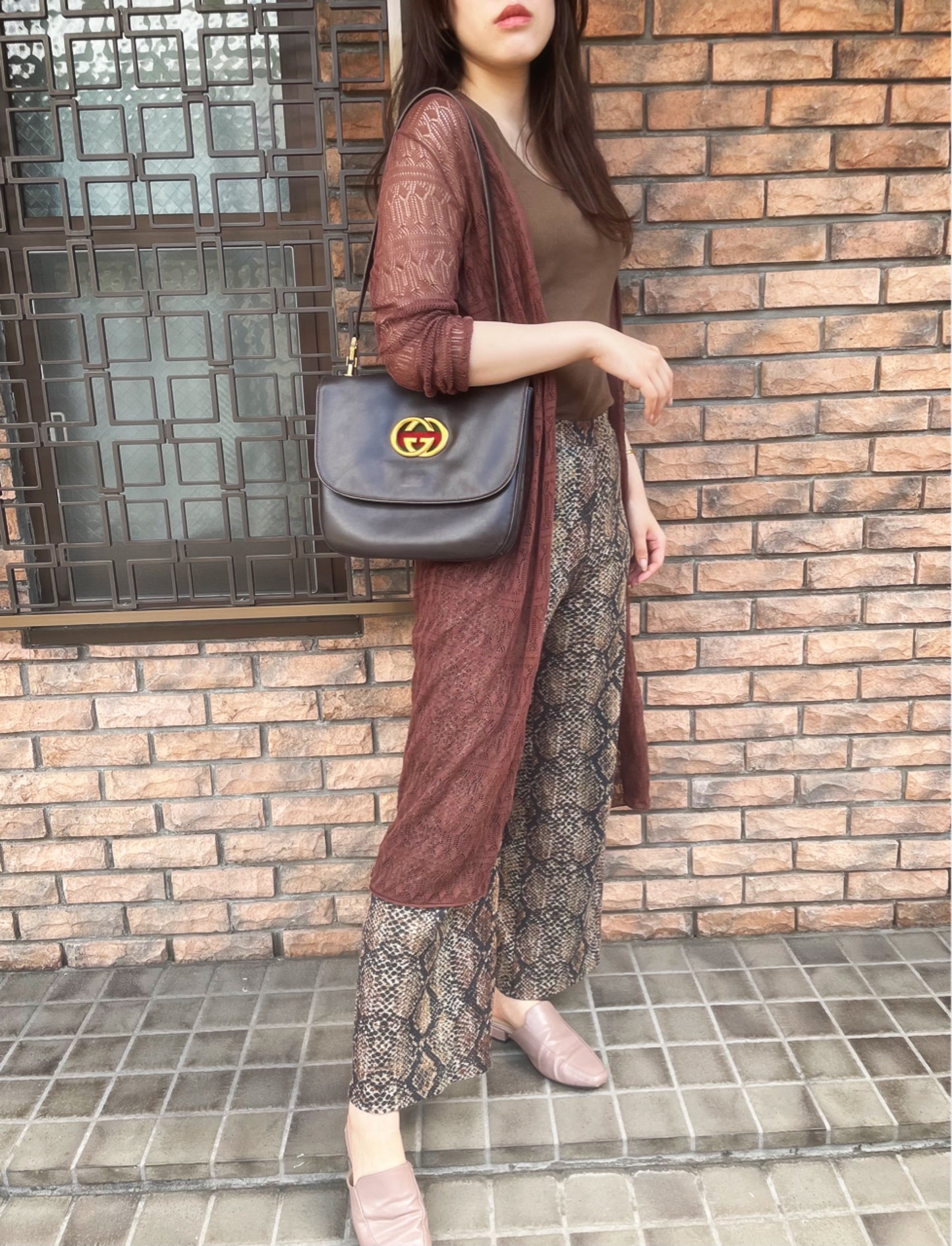 OLD Gucci 80s 総革インターロッキングG シェリーショルダー（濃茶）