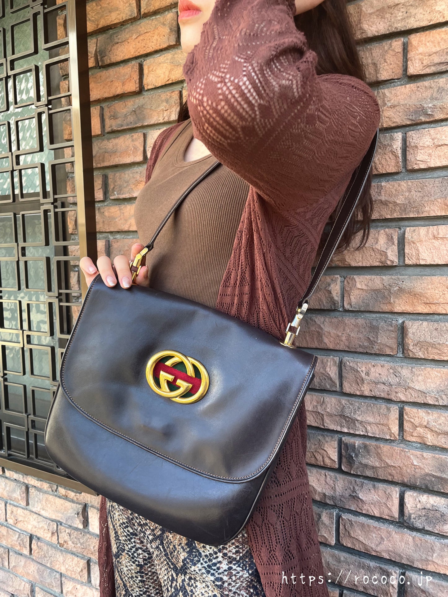 OLD Gucci 80s 総革インターロッキングG シェリーショルダー（濃茶）