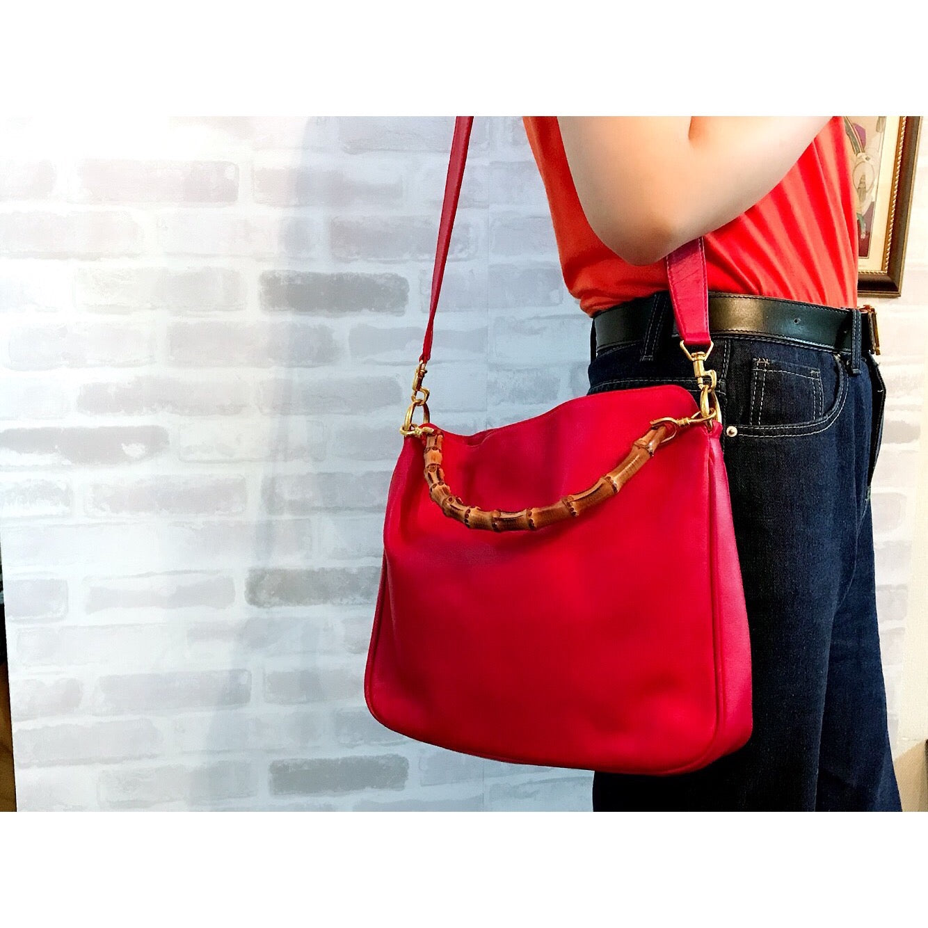 OLD Gucci ホーボー２Wayバンブーバッグ（赤・中）