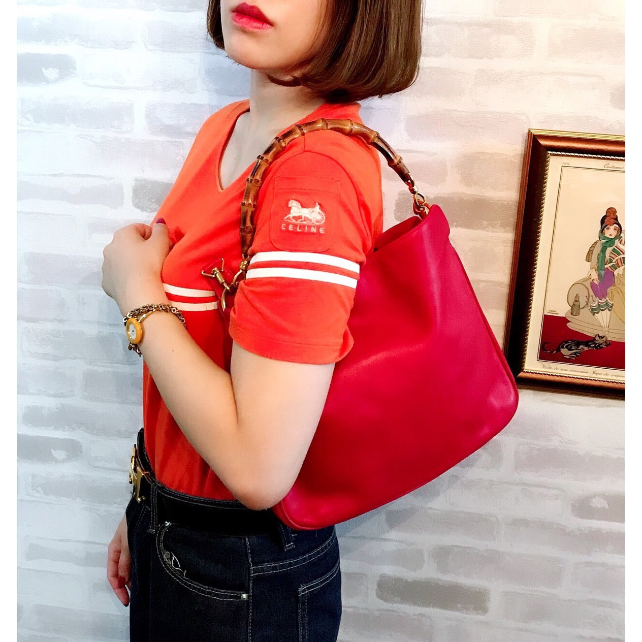 OLD Gucci ホーボー２Wayバンブーバッグ（赤・中）