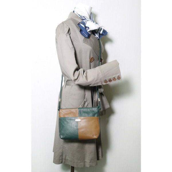 Lanvin ブロックチェック総革ショルダー（キャメル×グリーン）