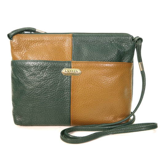 Lanvin ブロックチェック総革ショルダー（キャメル×グリーン）