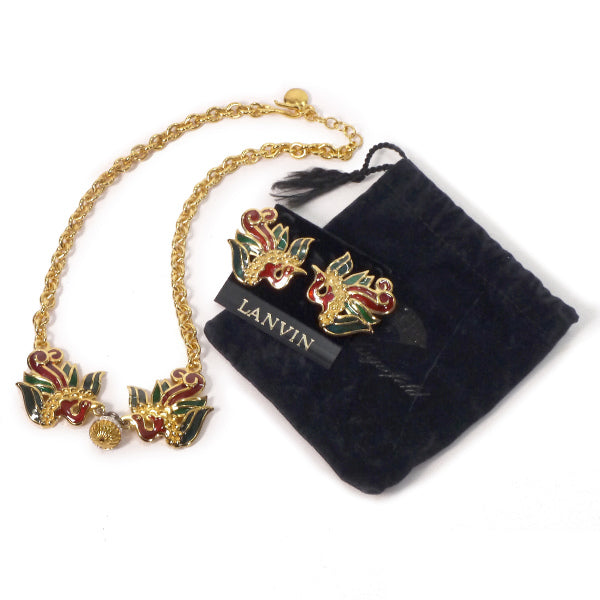 LANVIN バード イヤリング&ネックレス セット（ゴールド×赤×緑