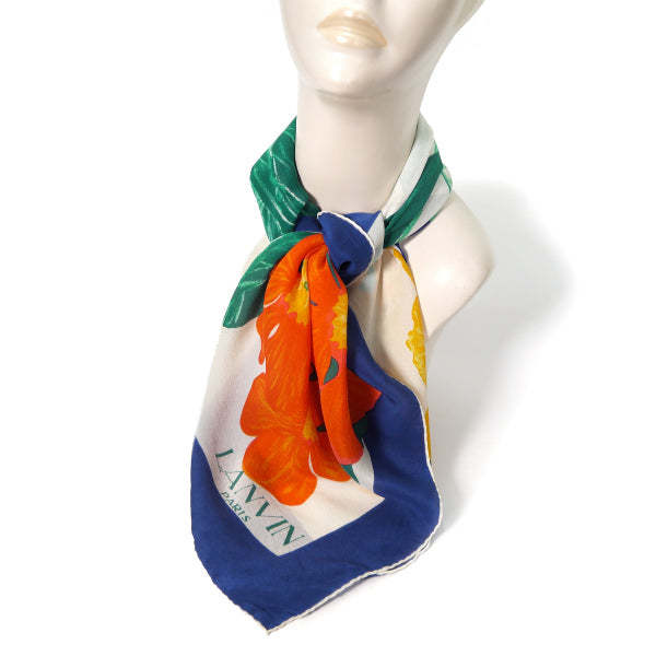 LANVIN フラワー柄 大判スカーフ（青）