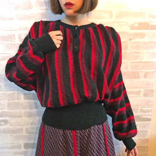 LANVIN ストライプ モヘアニット（黒×赤）