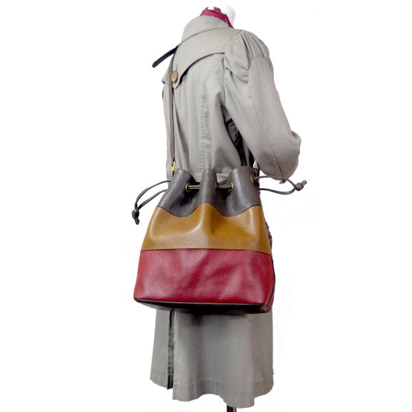 Lanvin　総革マルチカラーボーダー巾着ショルダー（赤/茶系）