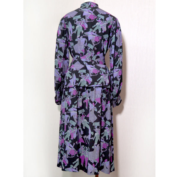 LANVIN シルク100%総柄ツーピース（紫系）