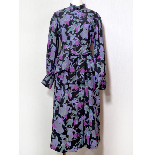 LANVIN シルク100%総柄ツーピース（紫系）