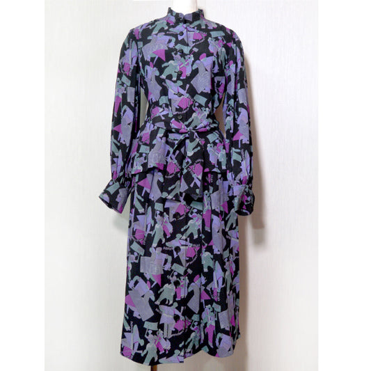 LANVIN シルク100%総柄ツーピース（紫系）