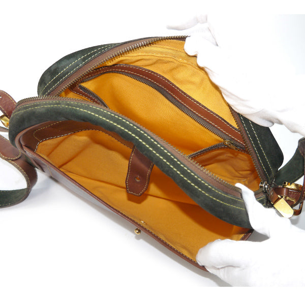 LOEWE アナグラムロゴ異素材MIXショルダー（茶×深緑）