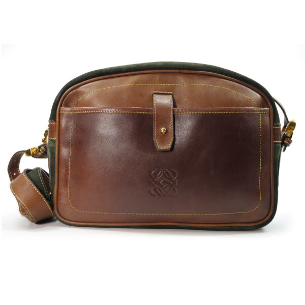 LOEWE アナグラムロゴ異素材MIXショルダー（茶×深緑）