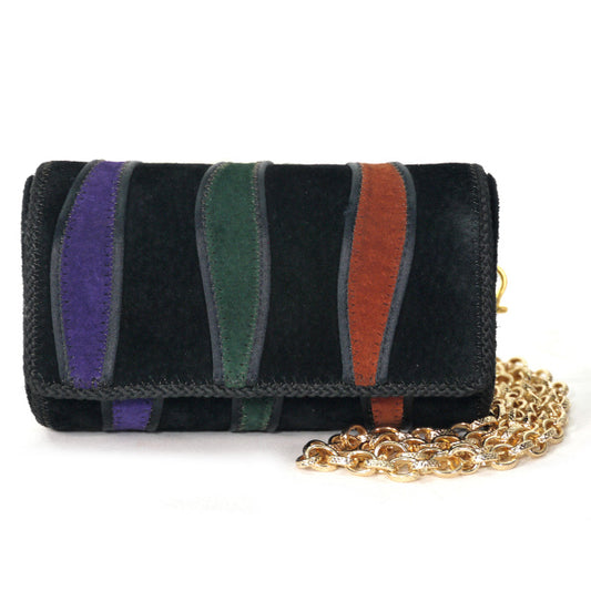 LOEWE　チェーン付きスエードポーチ（黒&マルチカラー）