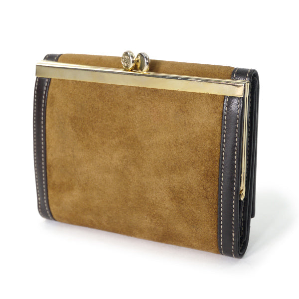 LOEWE　アナグラムロゴ スエードがま口折り財布（茶）