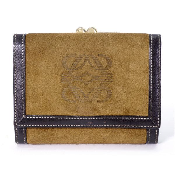 LOEWE　アナグラムロゴ スエードがま口折り財布（茶）
