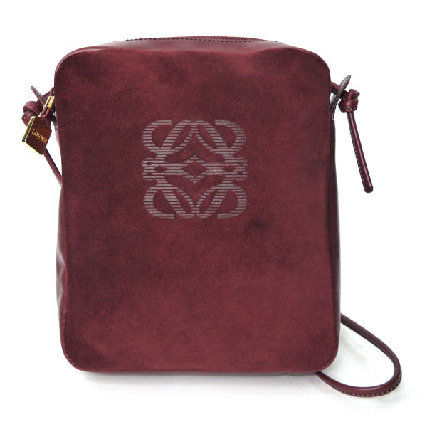 LOEWE　アナグラムロゴ スエード長方形ショルダー（ボルドー）