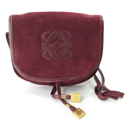 LOEWE　アナグラムロゴ スエード半円ポシェット（ボルドー）