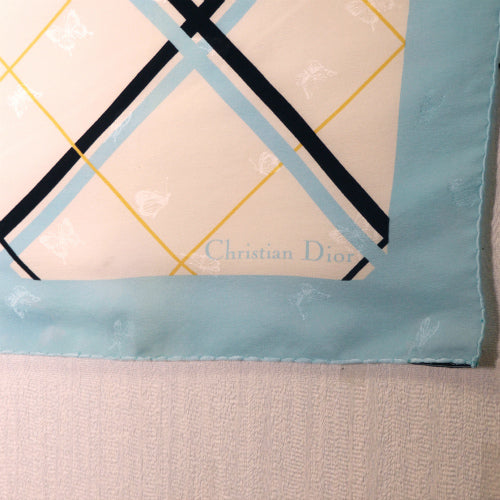 OLD Dior　チェック×バタフライ大判スカーフ（水色）