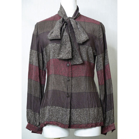 Old Dior マルチボーダー ボウタイシルクブラウス （茶系）