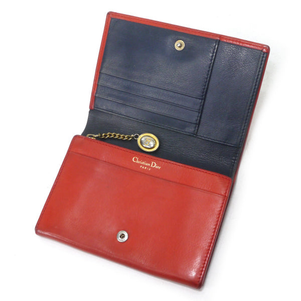 OLD Dior　エンボスCDロゴレザー折り財布（赤/紺）