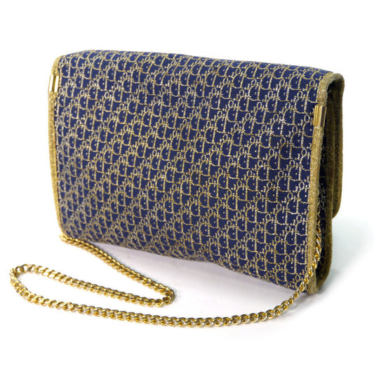 OLD Dior　トロッターロゴ刺繍Wチェーンクラッチ（紺）
