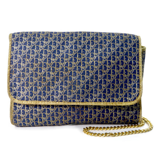 OLD Dior　トロッターロゴ刺繍Wチェーンクラッチ（紺）