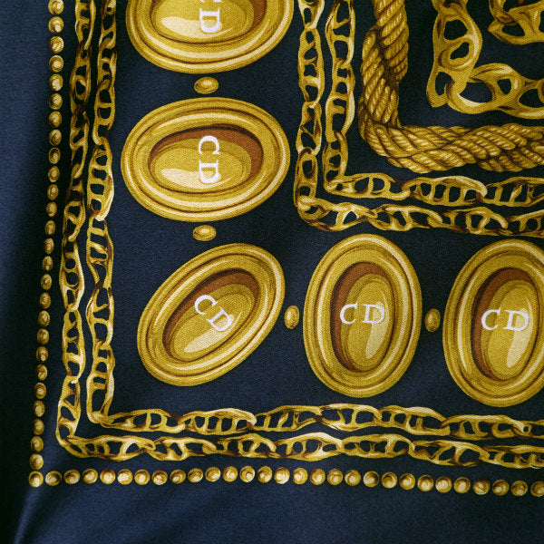 OLD Dior　ジュエリー×チェーン柄 大判シルクスカーフ（黒系）