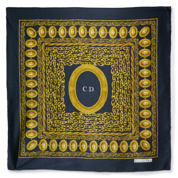 OLD Dior　ジュエリー×チェーン柄 大判シルクスカーフ（黒系）