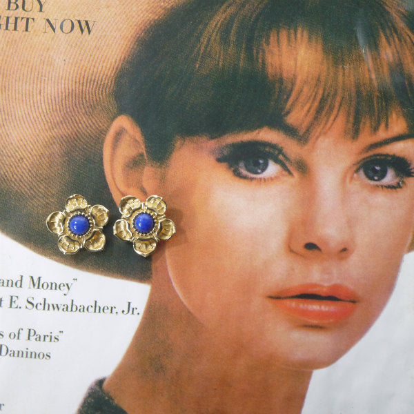 OLD Dior　ラピスラズリ天然石フラワーイヤリング（ゴールド）