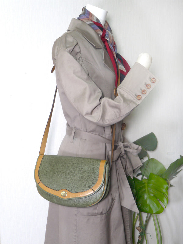 Old Dior　バイカラー総革半円ショルダー（緑×キャメル）