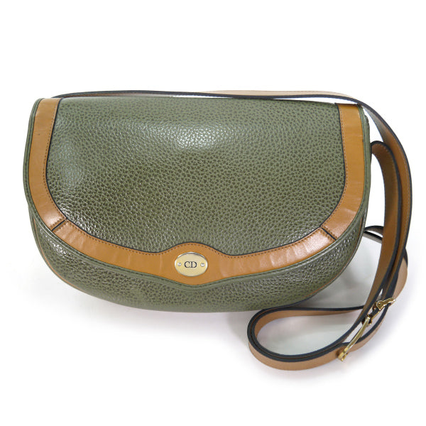 Old Dior　バイカラー総革半円ショルダー（緑×キャメル）