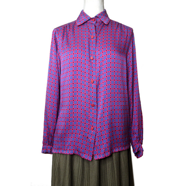 Old Dior チェック柄レトロシルクブラウス （ピンク系）