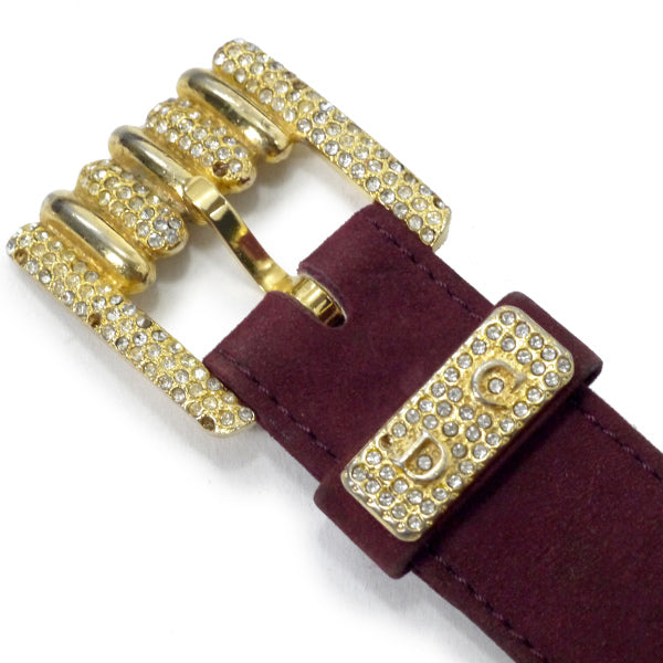 C.Dior　ラインストーンロゴバックル スエードベルト（ボルドー）