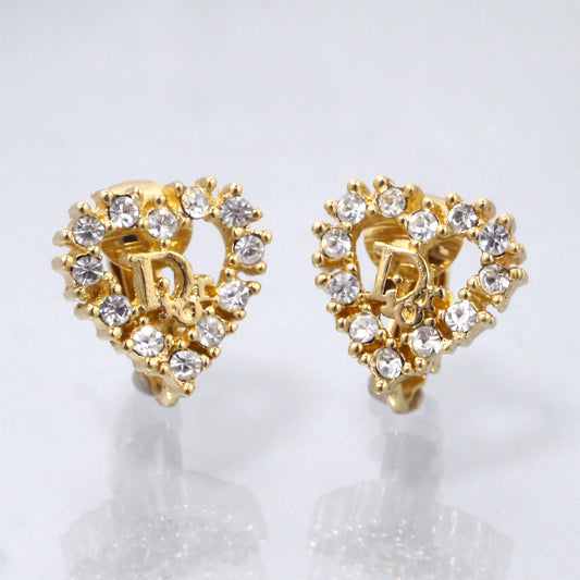 C.Dior ラインストーンハートロゴイヤリング （ゴールド）