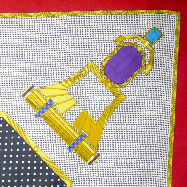 OLD Dior　千鳥格子 ロゴ 宝石 大判シルクスカーフ（赤系）