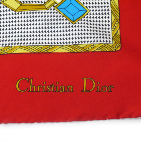 OLD Dior　千鳥格子 ロゴ 宝石 大判シルクスカーフ（赤系）