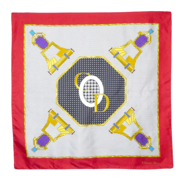 OLD Dior　千鳥格子 ロゴ 宝石 大判シルクスカーフ（赤系）