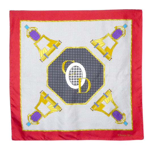 OLD Dior　千鳥格子 ロゴ 宝石 大判シルクスカーフ（赤系）