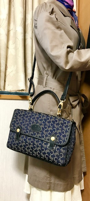 Old Celine 馬車柄ジャガードハンドバッグ（紺）