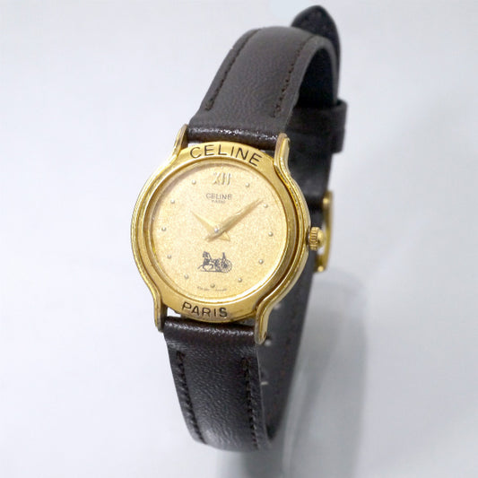 OLD CELINE ラウンド馬車ロゴフェイス腕時計（濃茶）