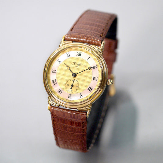 OLD CELINE シェル盤ゴールド腕時計（茶）
