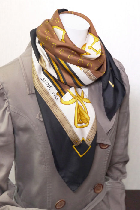 OLD CELINE　＜訳あり＞ 馬&ホースビット金具スカーフ（黒×茶系）