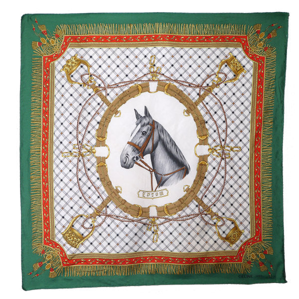 OLD CELINE　 馬×チェック柄　大判スカーフ（緑系）